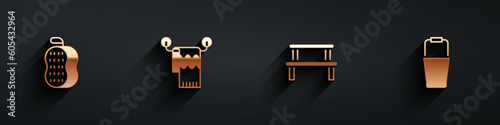 Set Washcloth, Towel on hanger, Sauna wood bench and bucket icon with long shadow. Vector