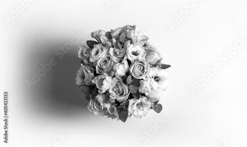 Fresh, lush bouquet of colorful flowers, isolated on white background. Original flower bouquet. Multi-colored bouquet of flowers. Black and white