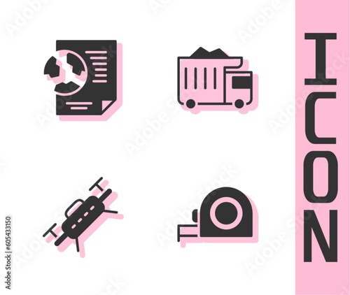 Set Roulette construction, Earth globe with document, Drone and Mining dump truck icon. Vector
