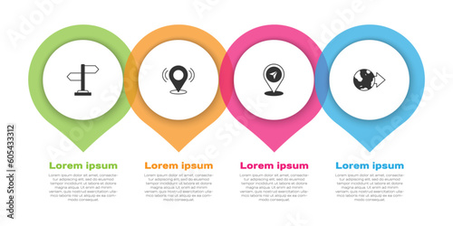 Set Road traffic sign, Map pin, and Location on the globe. Business infographic template. Vector