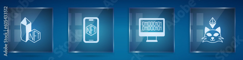Set NFT Digital crypto art, Mobile with store app, Binary code and . Square glass panels. Vector