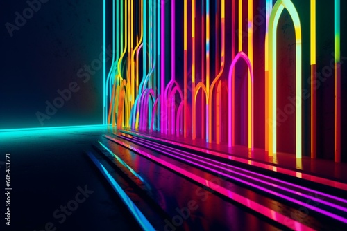 Brightly colored stripes create lively neon backdrop. 3D design. Generative AI