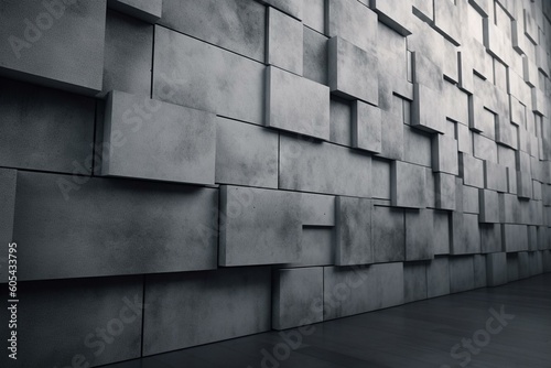 Rectangular concrete wall made of semigloss tiles formed by futuristic blocks. 3D render. Generative AI