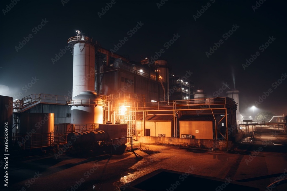 Night view of a factory. Generative AI