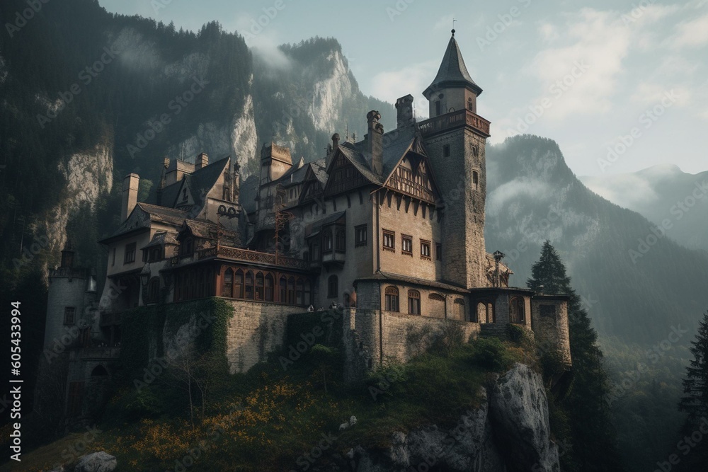 Enchanting castle nestled in mountains. Generative AI