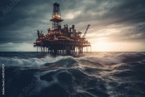 Oil drilling platform at sea. Generative AI
