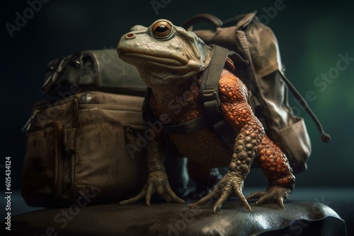An amphibian carrying luggage while wearing headgear. Generative AI