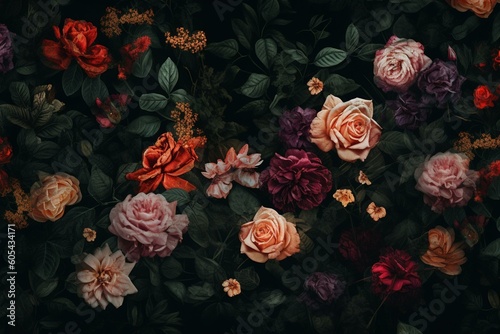 A repeating design with artistic roses and foliage on a dark background. Generative AI