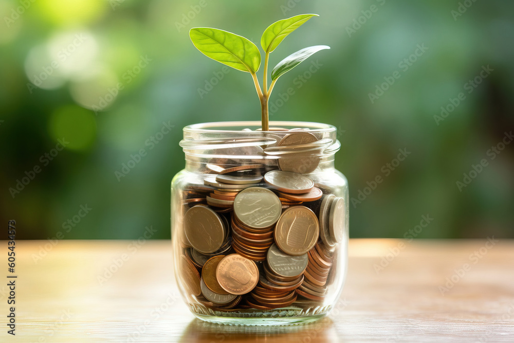 plant growing out of a glass jar full of coins plant growing out of a glass jar full of coins