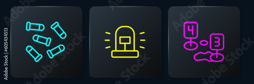 Set line Bullet, Marker of crime scene and Flasher siren. Black square button. Vector