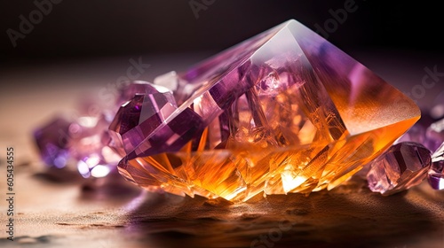 Macro shot of a bright and shiny sparkling ametrine mineral. blurred background. Generative ai photo