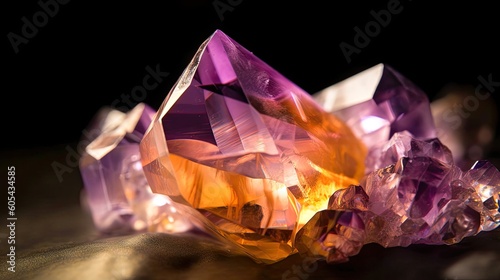 Macro shot of a bright and shiny sparkling ametrine mineral. blurred background. Generative ai photo