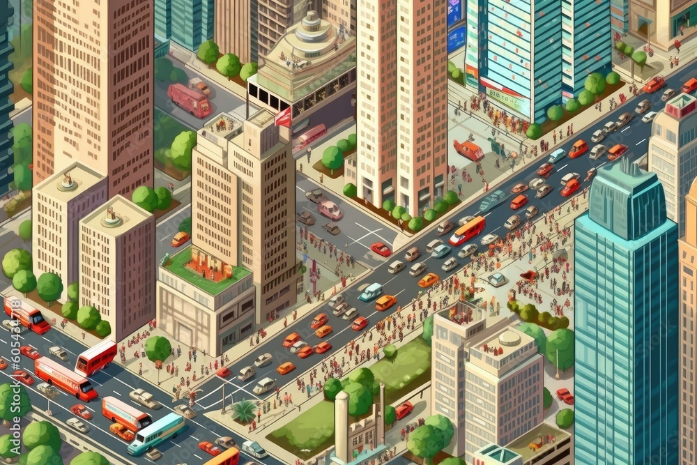 Cityscape: skyscrapers, streets, parks, cars, and people bustling. Generative AI