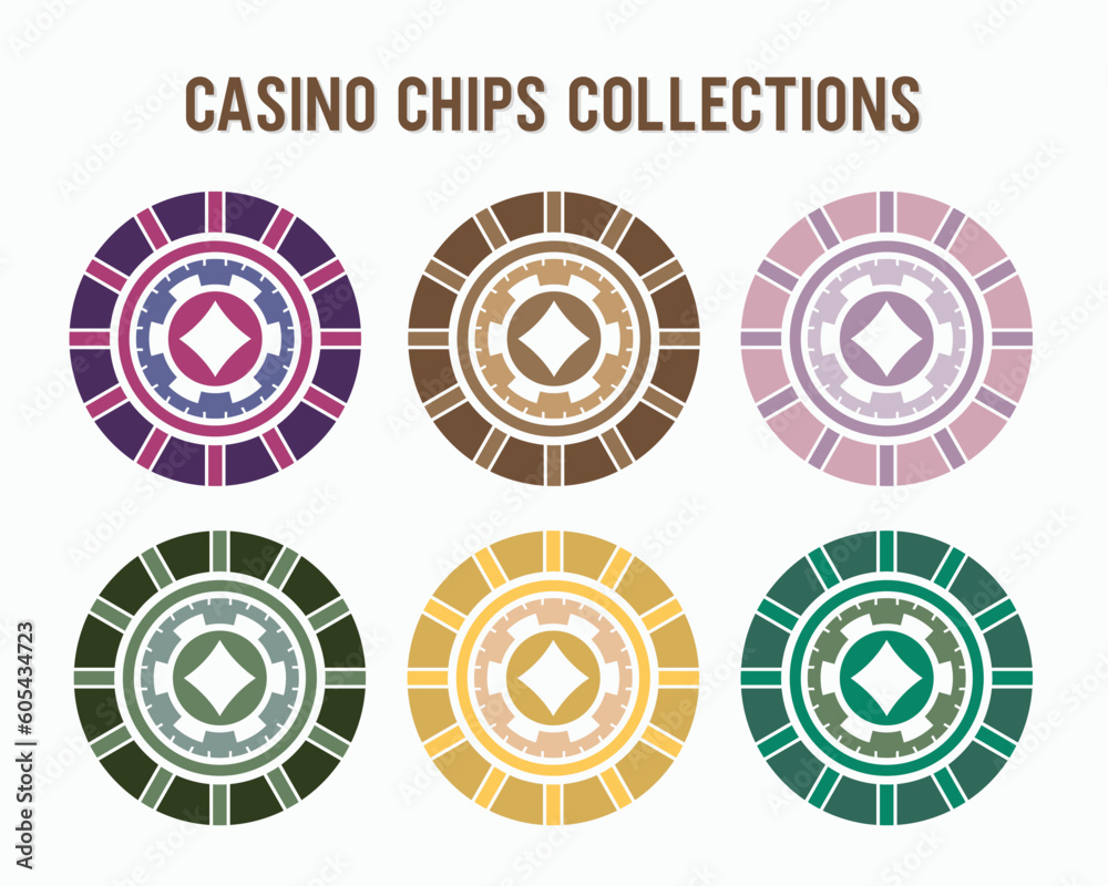 Gambling casino chips. Colorful collection of casino chips for gambling, poker, and roulette vector template Gambling casino chips. Colorful collection of casino chips for gambling, poker, and roulette vector template