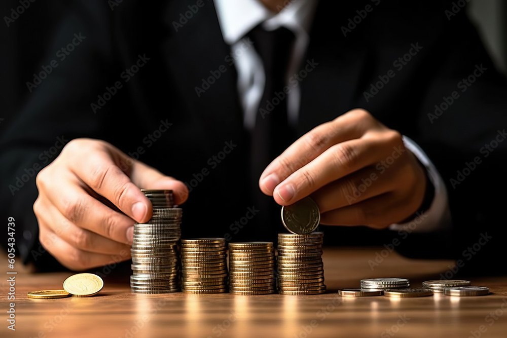 man on a suit counting stacks of coins man on a suit counting stacks of coins
