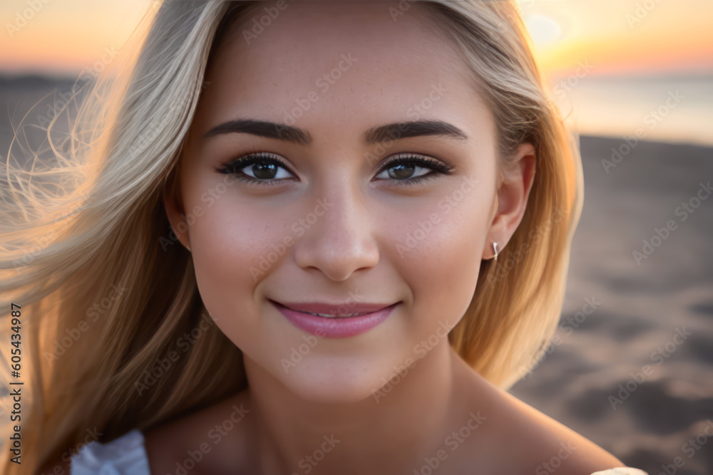 Digital portrait of a beautiful smiling blonde girl on the beach. Concept of active travel. Generative AI Digital portrait of a beautiful smiling blonde girl on the beach. Concept of active travel. Generative AI