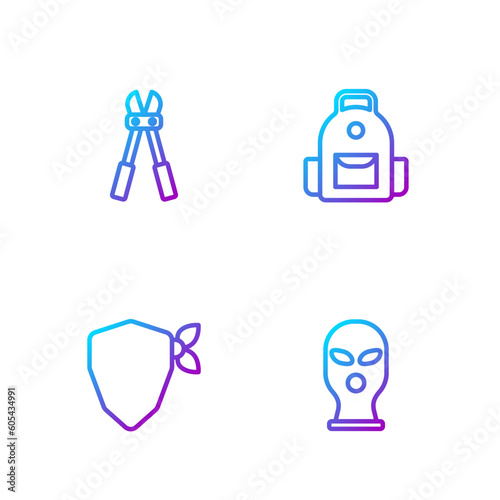 Set line Balaclava, Vandal, Bolt cutter and School backpack. Gradient color icons. Vector
