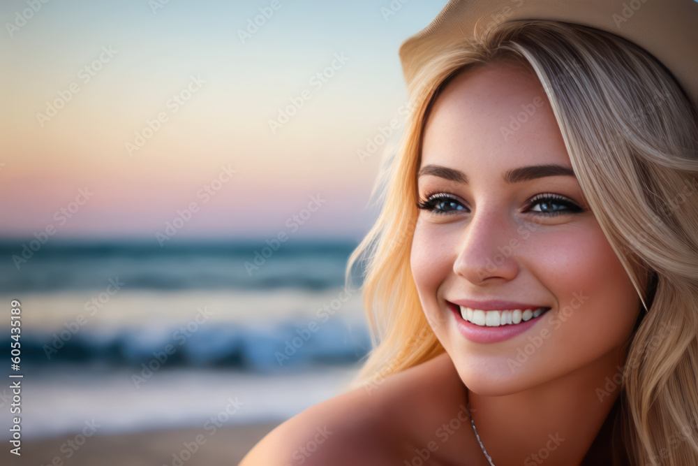Digital portrait of a beautiful smiling blonde girl on the beach. Concept of active travel. Generative AI