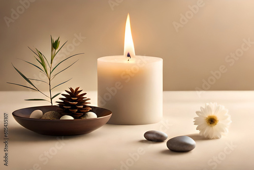Vanilla burning candle on beige background with copy space. Warm aesthetic composition with stones and dry flowers. Home comfort  spa  relax and wellness concept. Interior decoration