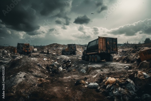 Landfill overflowing, trucks dumping garbage, polluted sky. Generative AI