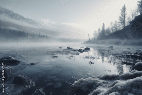 Tranquil frozen landscape in mist: serene, unreal, minimalist, ethereal, foggy, glacial, peaceful, soothing, isolated, surreal. Generative AI