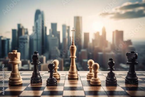 Chess pieces in front of city skyline represent business competition and strategy. Generative AI