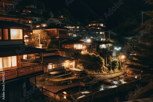 Night view of Shima Onsen, Gunma Prefecture. Generative AI