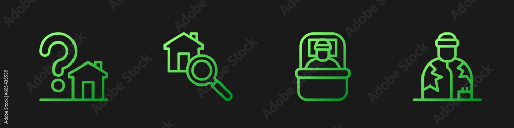Set line Sleeping bag, House with question mark, Search house and Homeless. Gradient color icons. Vector Set line Sleeping bag, House with question mark, Search house and Homeless. Gradient color icons. Vector