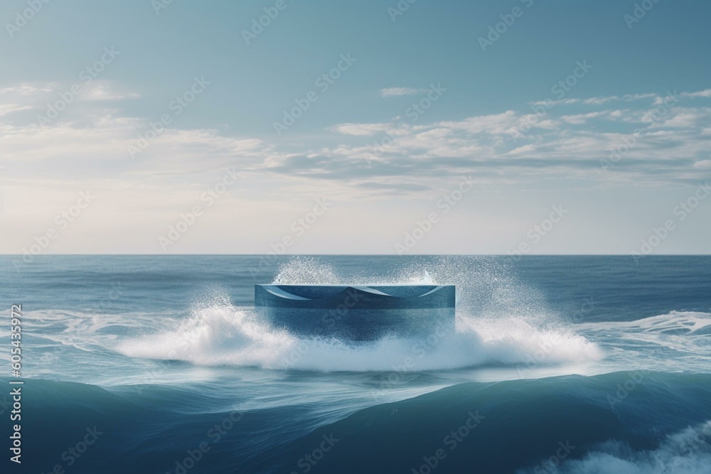 A simple podium in blue waves; a serene, natural oceanic setting. 3D-rendered seascape. Generative AI