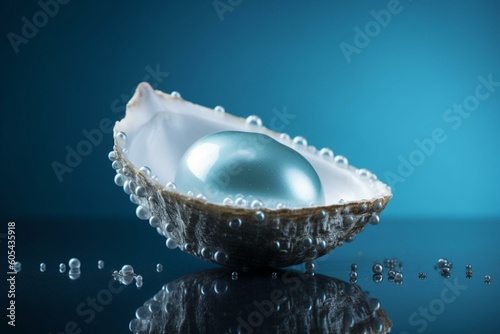 Pearl egg in seashell on blue background. Water design element. Generative AI photo