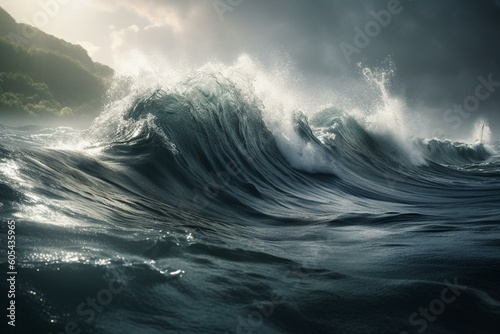 Ocean waves  catastrophe  apocalypse  tsunami  storm  light rays  surfing  3D. Generative AI