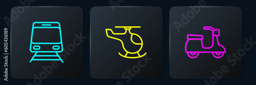 Set line Train and railway, Scooter and Helicopter. Black square button. Vector