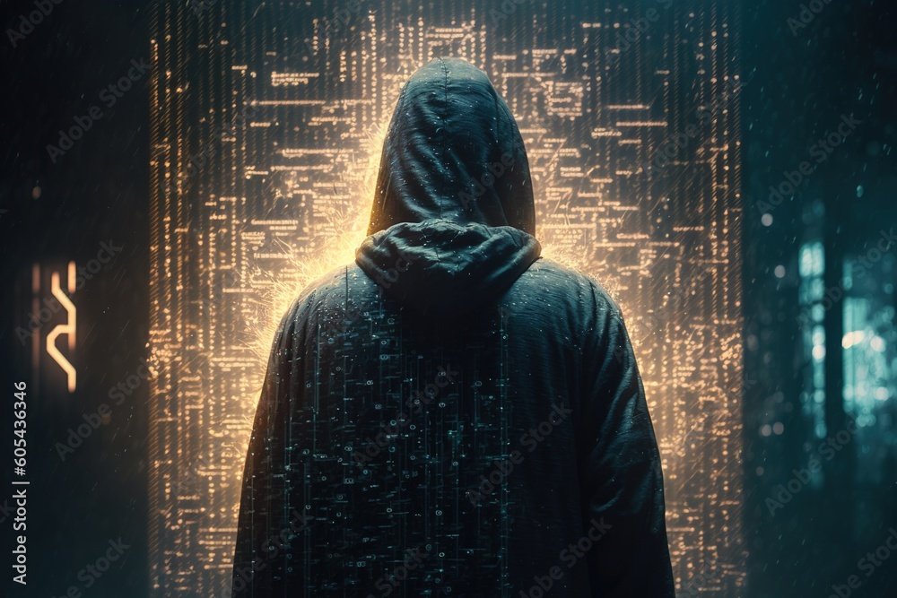 Cybersecurity, computer hacker with hoodie, vulnerability and hacker,coding,malware concept on server room background, metaverse digital world technology, breaks binary data. Generative AI