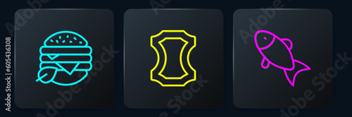 Set line Vegan food diet, Fish and Leather. Black square button. Vector