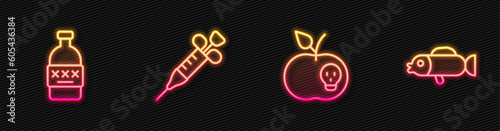 Set line Poison apple, Poisoned alcohol, Syringe and Puffer fish. Glowing neon icon. Vector