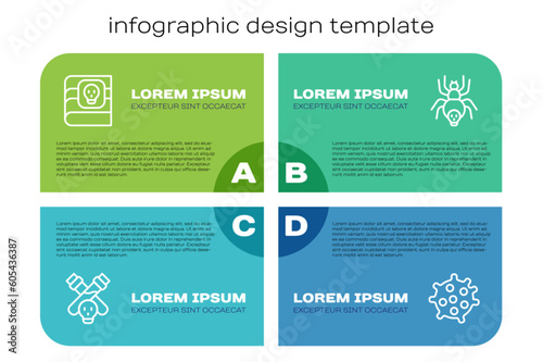 Set line Bottle with potion, Book about poisons, Bacteria and Poisonous spider. Business infographic template. Vector