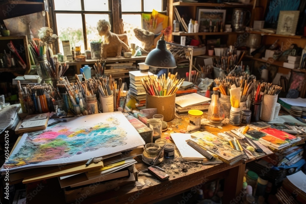 Cluttered creative business desk with stacks of sketchbooks, colorful pens, and scattered art supplies, reflecting a vibrant and imaginative workspace - Generative AI