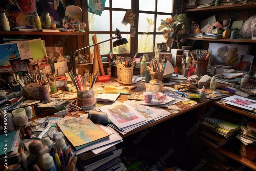 Cluttered creative business desk with stacks of sketchbooks, colorful pens, and scattered art supplies, reflecting a vibrant and imaginative workspace - Generative AI