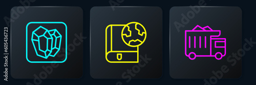 Set line Gem stone, Mining dump truck and Earth globe and book. Black square button. Vector