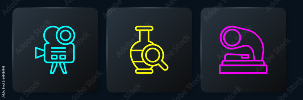 Set line Retro cinema camera, Old gramophone and Ancient amphorae. Black square button. Vector Set line Retro cinema camera, Old gramophone and Ancient amphorae. Black square button. Vector