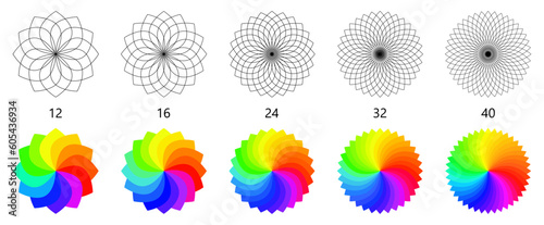 Colour palette wheel shaped like flower rosette. Version with 12 to 40 leaves