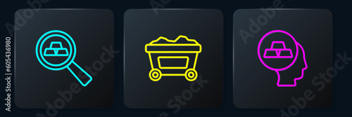 Set line Gold bars, and Mine cart with gold. Black square button. Vector
