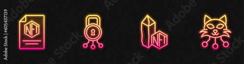 Set line NFT Digital crypto art, contract, Cyber security and . Glowing neon icon. Vector