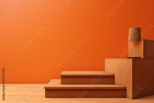 Minimal wooden podium on orange background. Mockup exhibition stage concept. 3D rendering graphic design. Generative AI © Edward