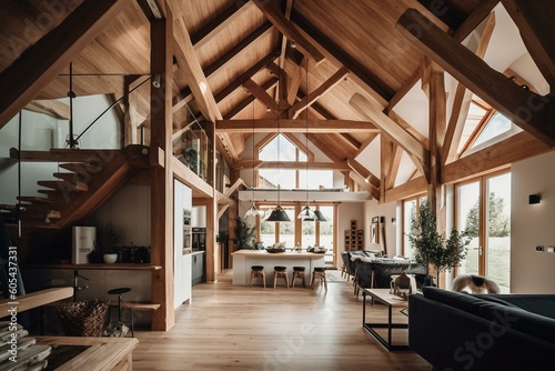 A wooden open-plan house with high ceilings and exposed beams. Generative AI