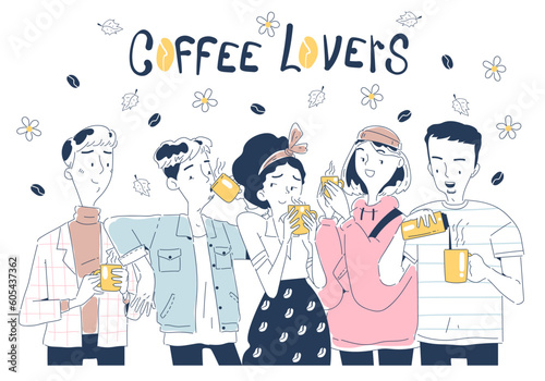 People drink coffee. Characters in coffee shop enjoying their hot drinks. Group of friends spend time together and talking. Man and woman in doodle hand drawn style. Cartoon flat vector illustration