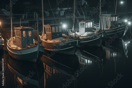 Vintage fishing boats on river at night. Generative AI