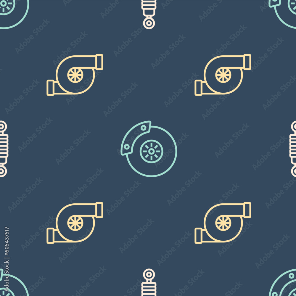 Set line Shock absorber, Automotive turbocharger and Car brake disk with caliper on seamless pattern. Vector Set line Shock absorber, Automotive turbocharger and Car brake disk with caliper on seamless pattern. Vector