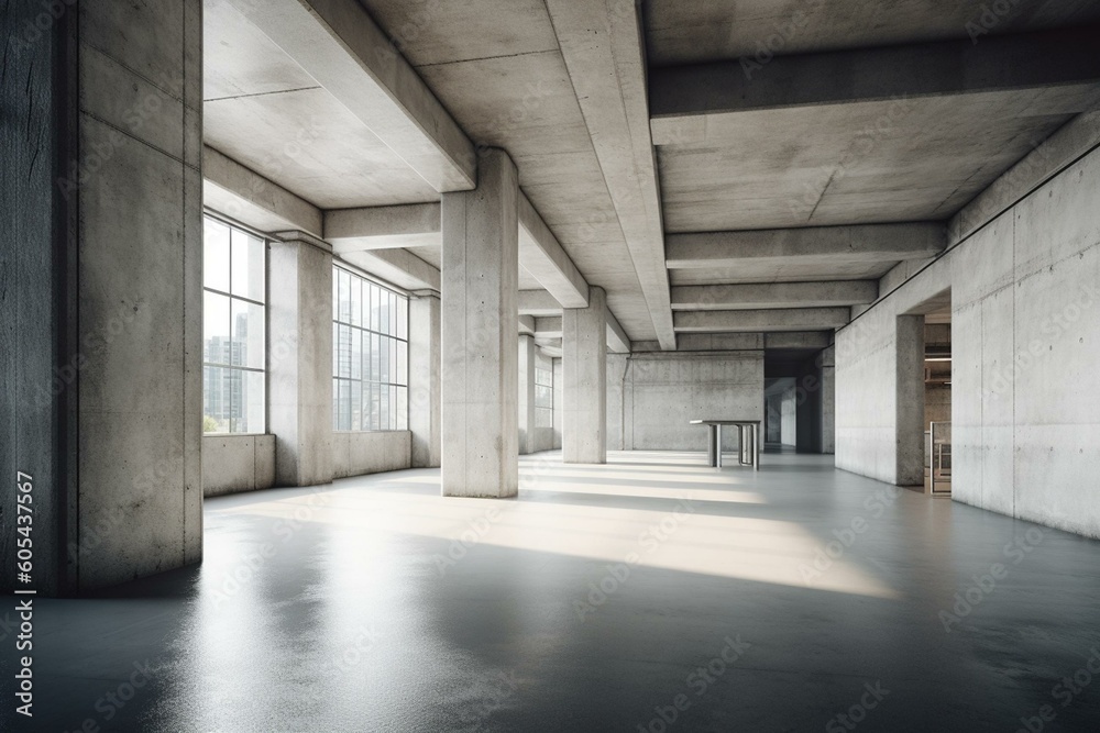 Spacious white concrete interior. Industrial background with cement walls. 3D illustration. Generative AI