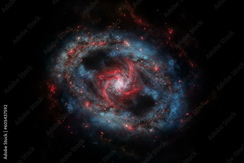A galaxy with red and blue centers and stars surrounded by a black background with colored border. Generative AI